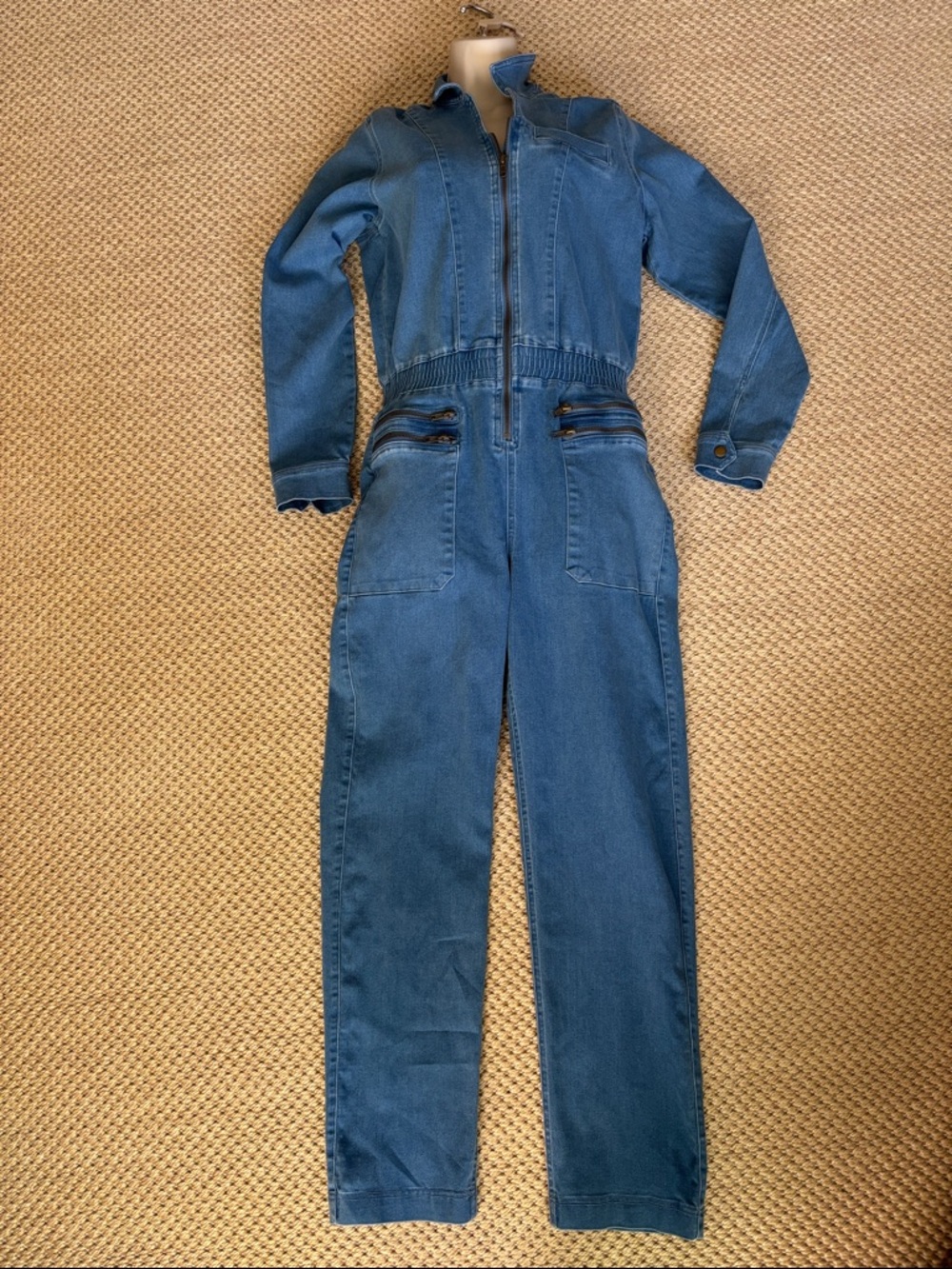 C'est Toi Chambray Stretch Denim Boiler Utility Jumpsuit -S- Blue Smocked Waist